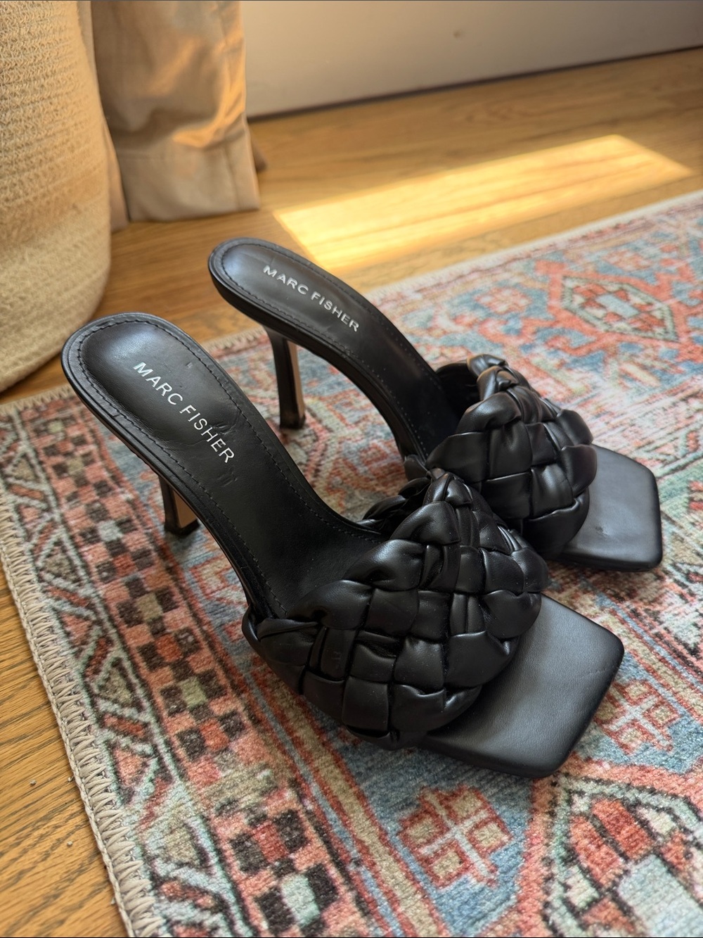 Marc Fisher Black Braided Leather Stiletto Mule